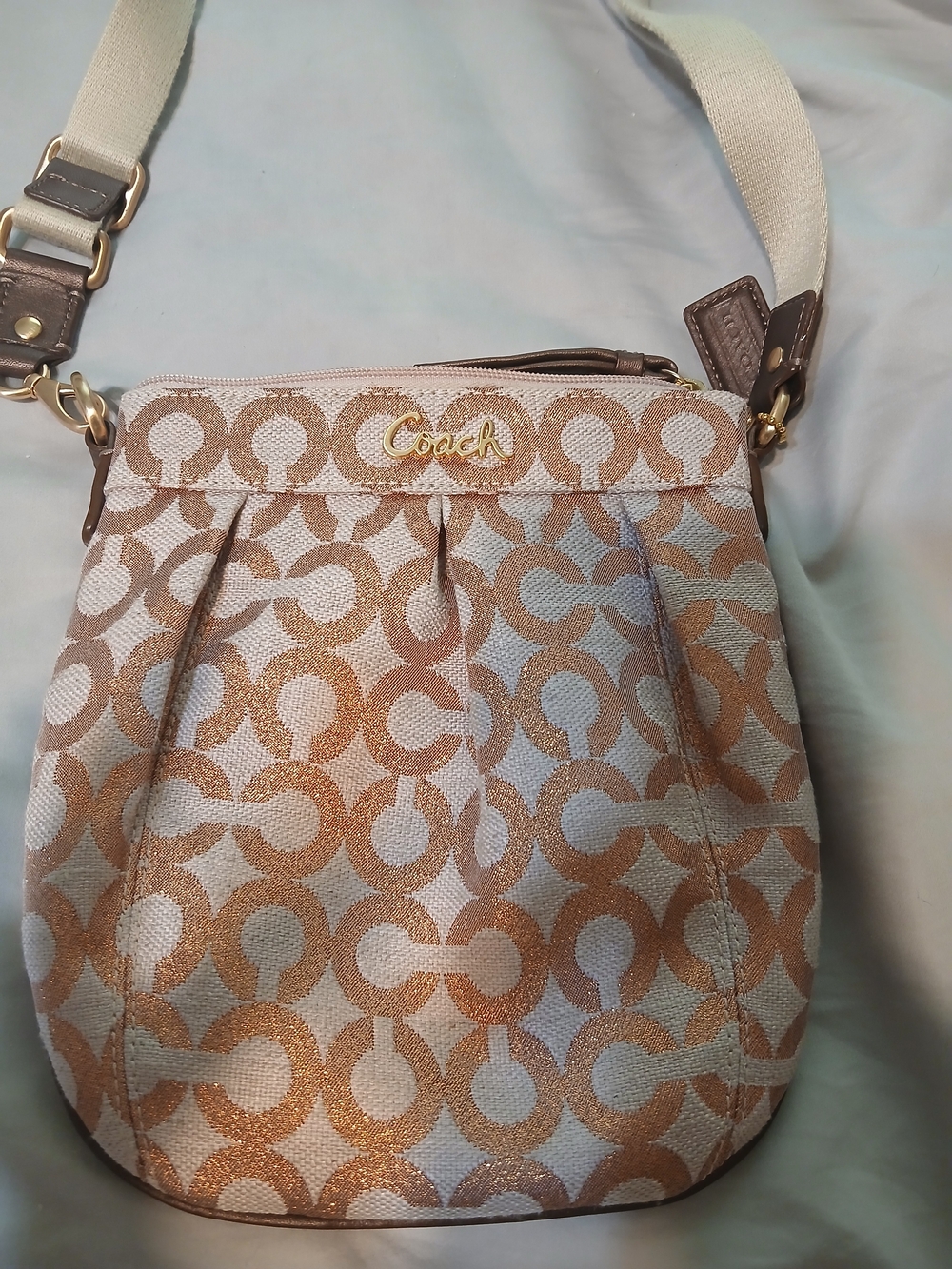 Coach Tan and White Signature Pleated Crossbody
